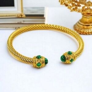18k Gold Plated Twisted Cable Malachite & Crystal Cuff Bangle Bracelet